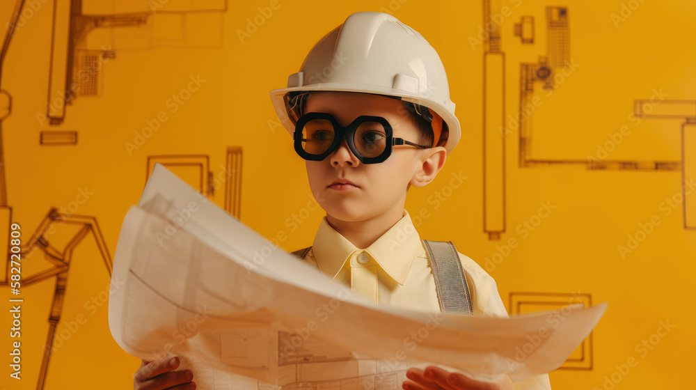 Cute engineer architect kid. Future career concept. ai generated.