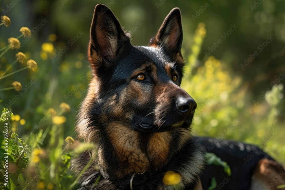 a lovely portrait of a German Shepherd dog on a nice summer day in 2022, advertisement image. Genera