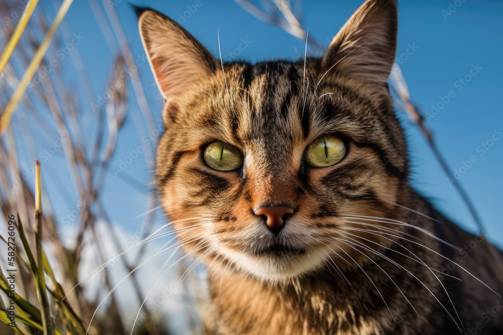 A mixed breed cat stands against a blue sky background. Generative AI