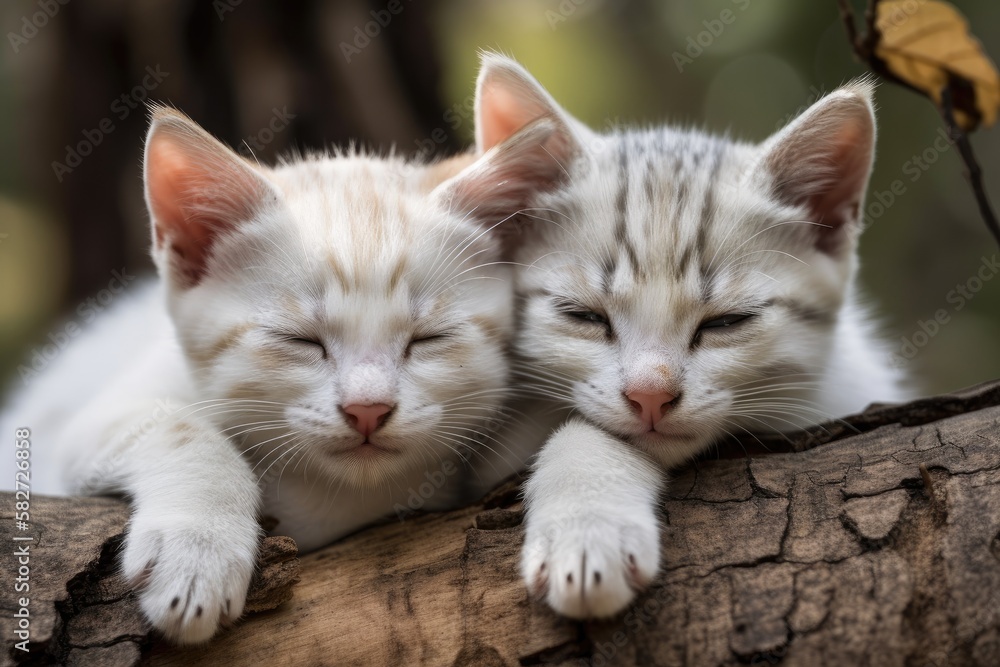 Two adorable kittens sleeping on a tree branch. Generative AI