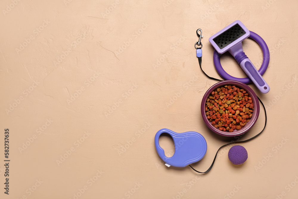 Bowl of dry pet food, toys, grooming brush and leash on color background