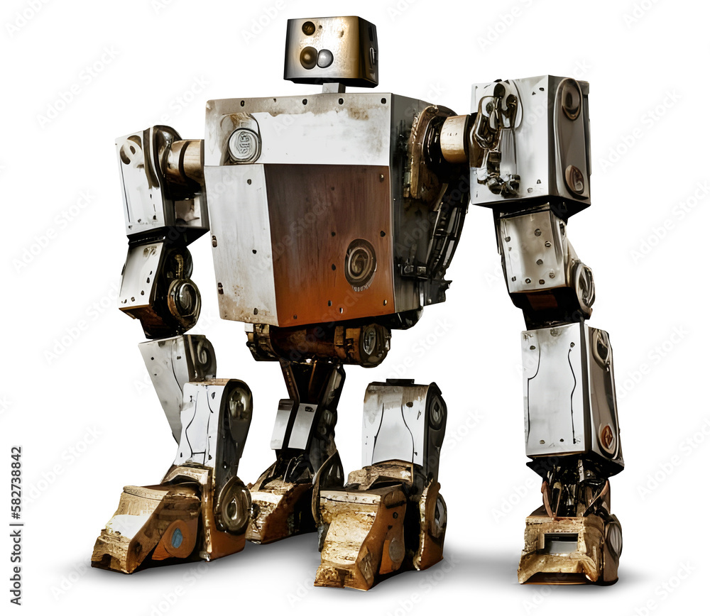 Broken vintage giant robot made of recycled aluminum and steel metal, isolated, AI generated