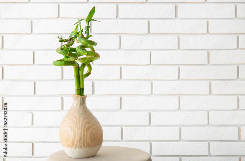 Vase with bamboo plant on table near brick wall