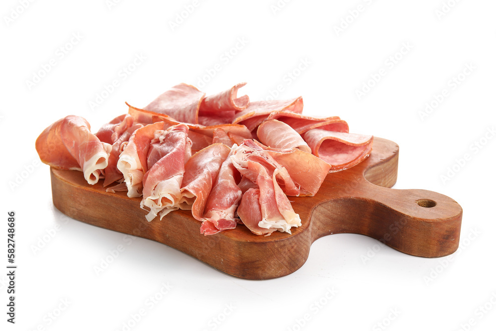 Wooden board with assortment of tasty deli meats isolated on white background