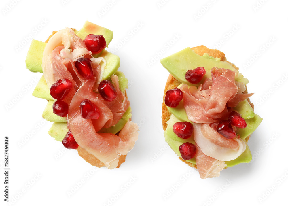 Tasty bruschettas with ham isolated on white background