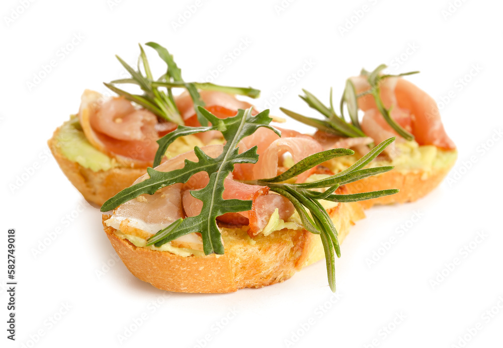 Tasty bruschettas with ham isolated on white background