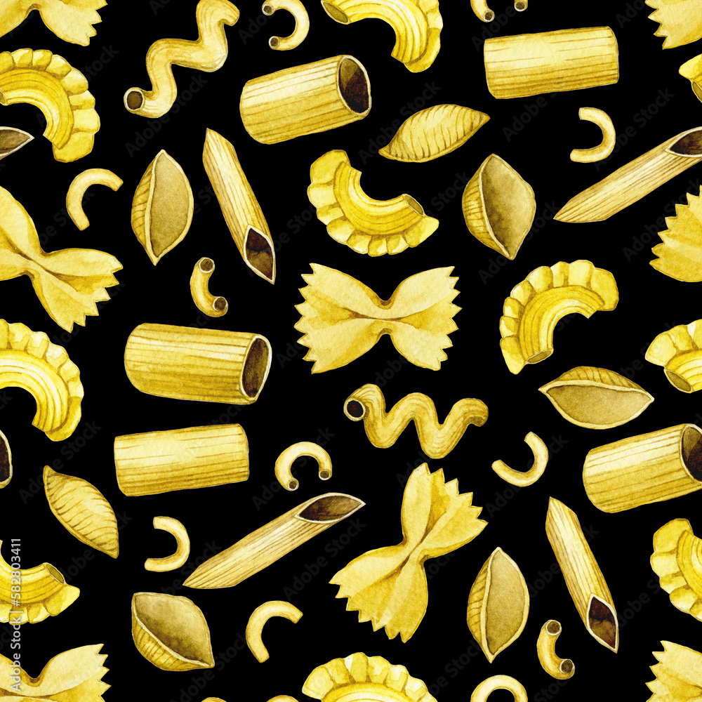 seamless pattern with types of pasta, print. cute vintage illustration on dark background, pasta, it