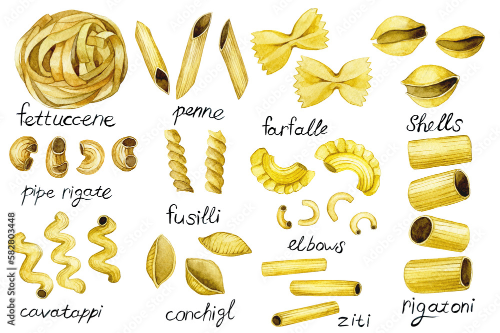 Watercolor drawing, pasta types set. cute vintage illustration, pasta, italian food. cuisines of the