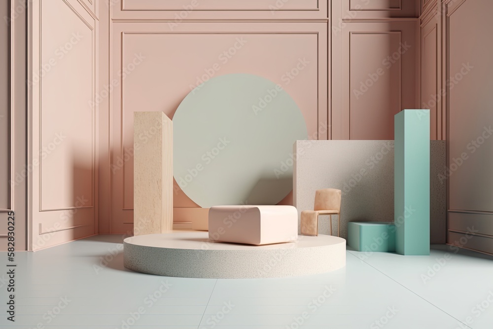 Minimalist stage, presentation, or showcase mockup with a background of pastel colors. Generative AI