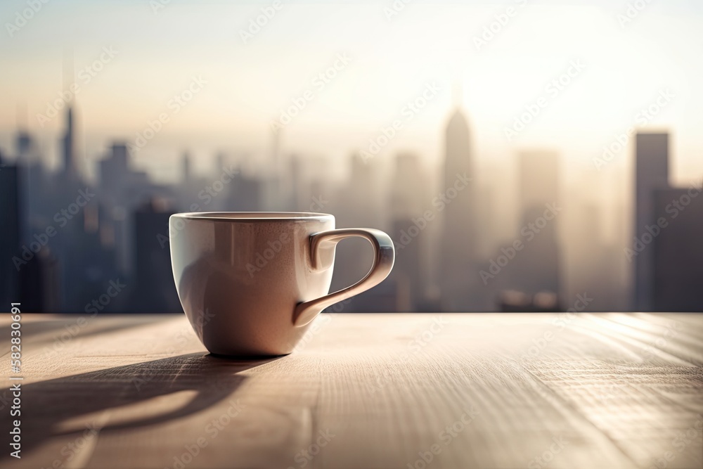 Coffee cup close up on wooden desk with copy space and a blurry cityscape in the backdrop. morning i