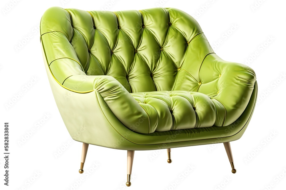 Cozy art deco style puffy armchair in lime green velvet with gold legs isolated on white background.