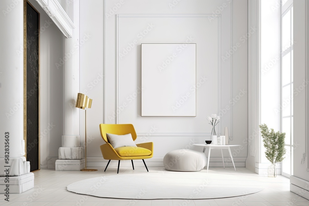 White wall with a column, a white chair with a yellow pillow, a coffee table, and empty frames. Gene