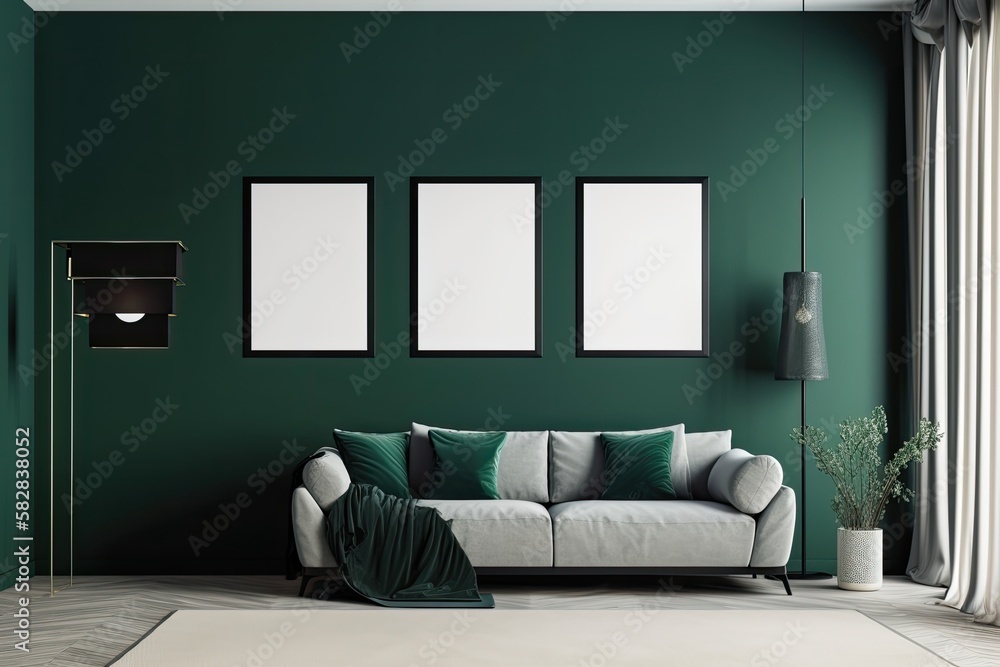 A basic, dark green interior space with four picture frames on the wall but no furniture is availabl