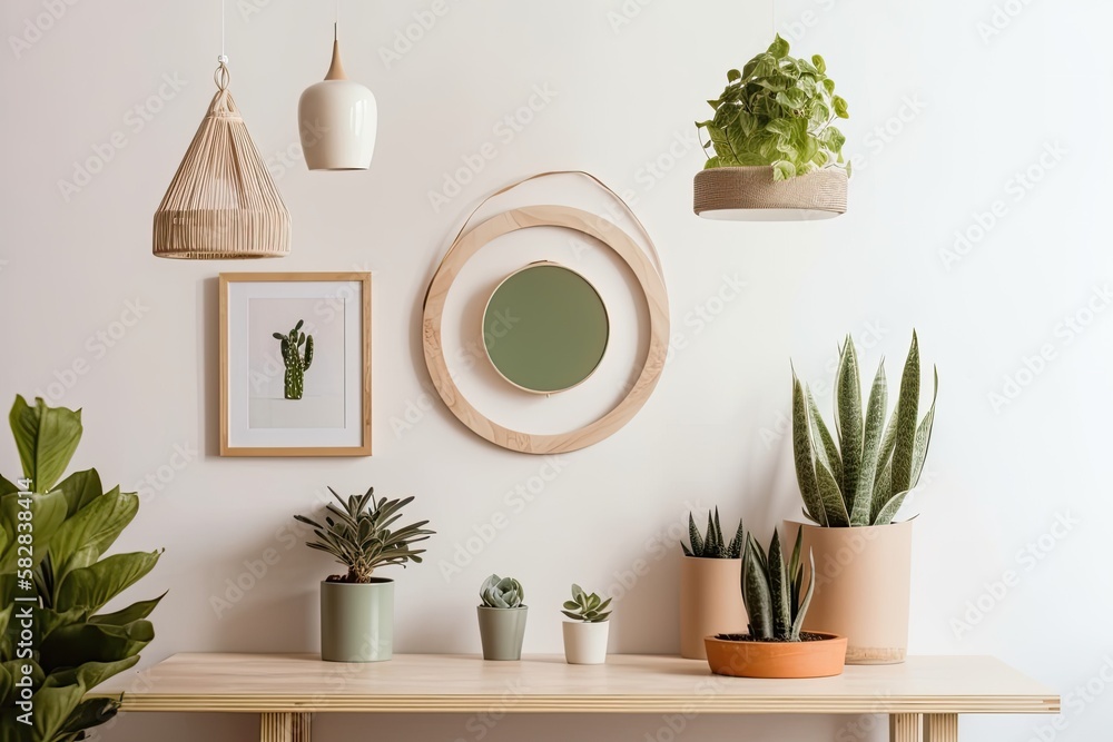 Succulent plant and a white frame with a round opening hang on the wall in a creative combination. G