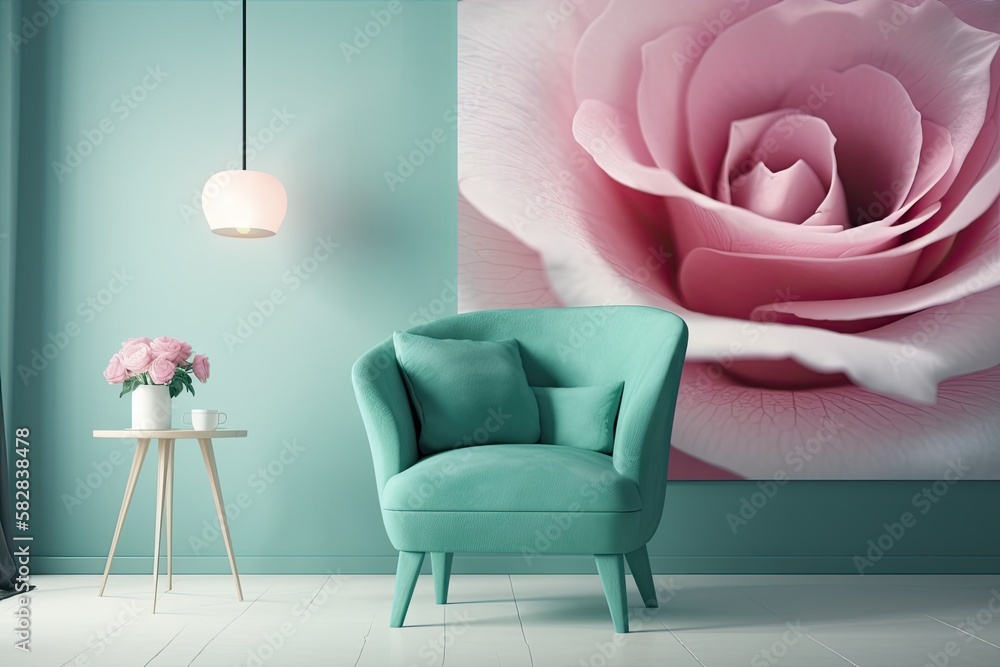 Large armchair in a minimalist room. Pink rose delicate painted background on an empty wall. female 