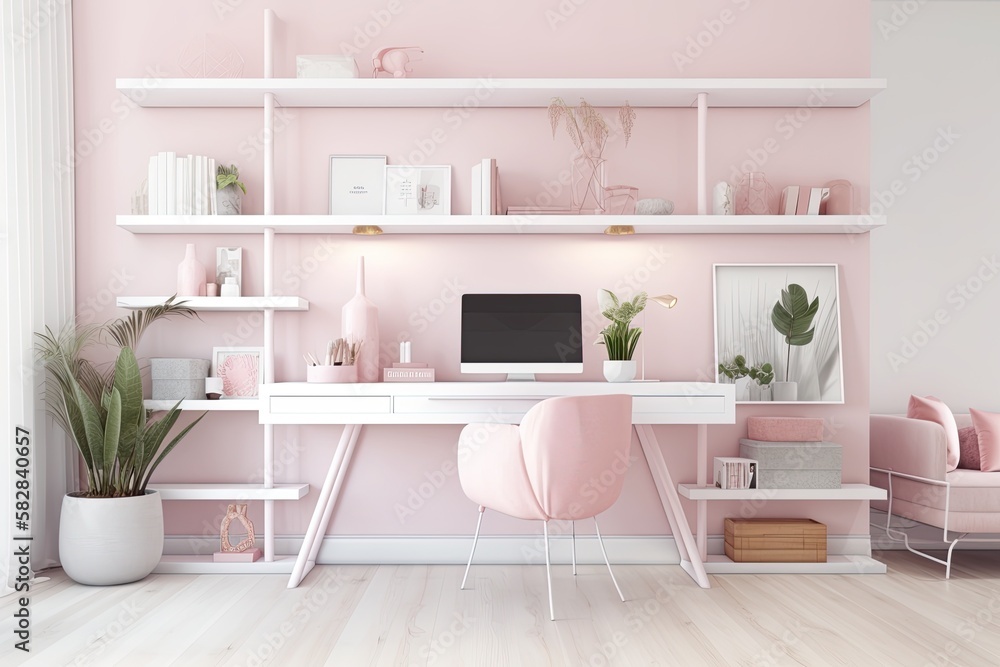 Female home office with pink and white décor, a mock up of a PC desktop screen on a wood table, a ch