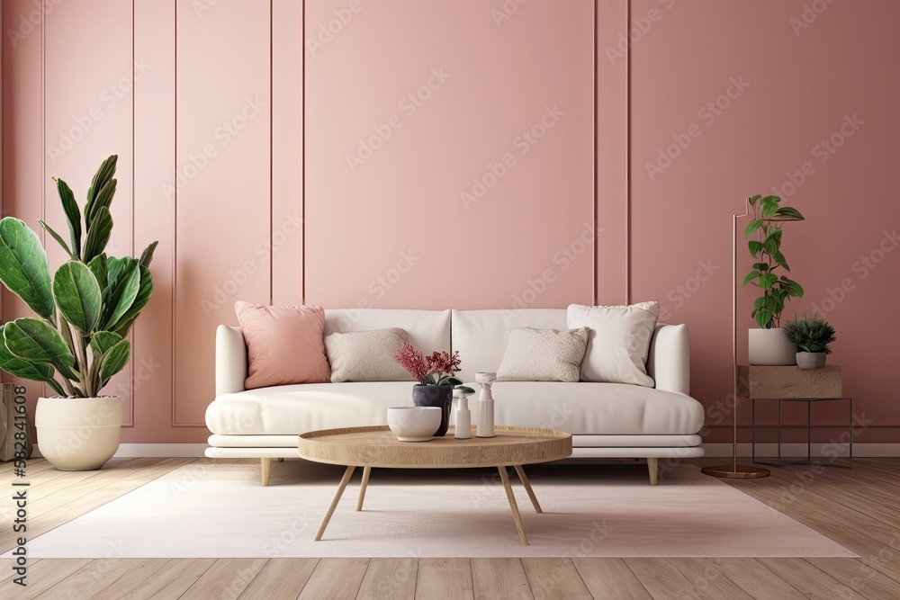 On a bright pink wall and wooden floors, there is a cream sofa and table. Generative AI