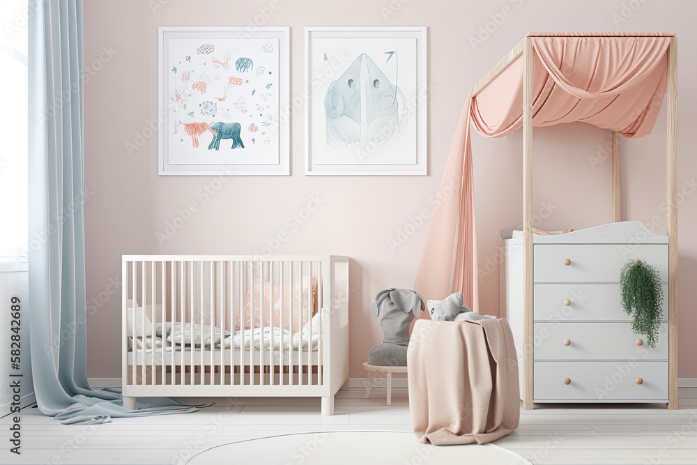 Interior of a childs bedroom featuring a cradle, toys, and a mock up of a poster. Actual image. Whe