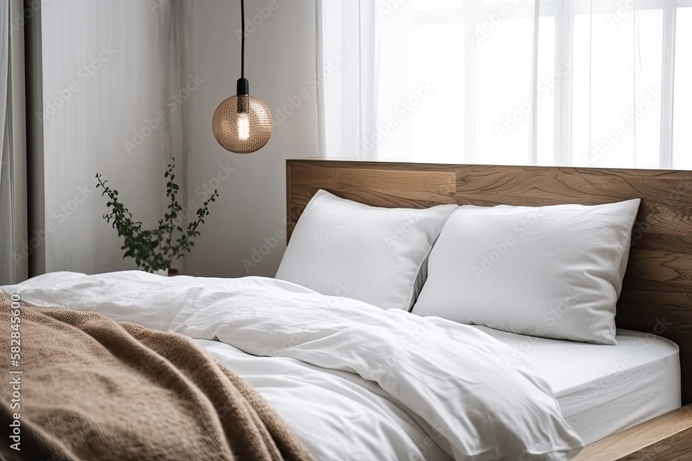 Close up of a wooden bed with a white pillow and blanket against a white bedroom wall in daylight. I