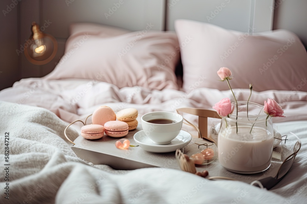 lifestyle on Valentines Day. still image Coffee cup and plate in mockup setting. In room breakfast.