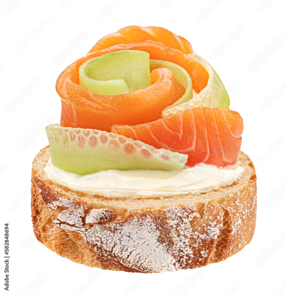 Bruschetta with salmon and cream cheese isolated on white background