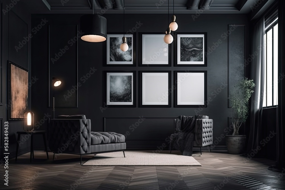 for the mockup, a black interior with black frames,. Generative AI