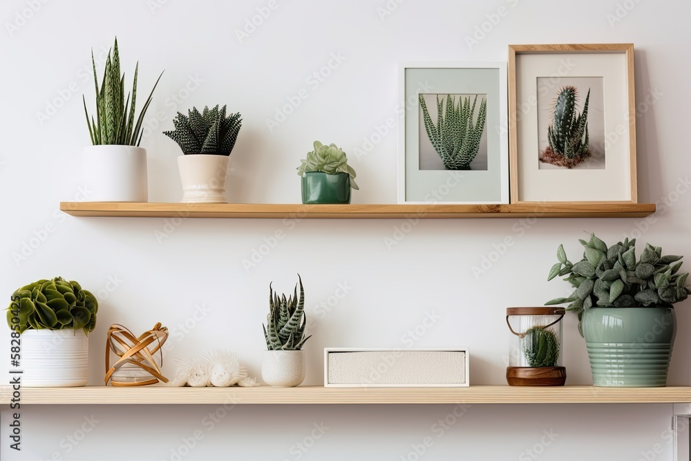 mock up of a white shelf holding a mock up frame with succulent and cactus plants. Copy space. Gener