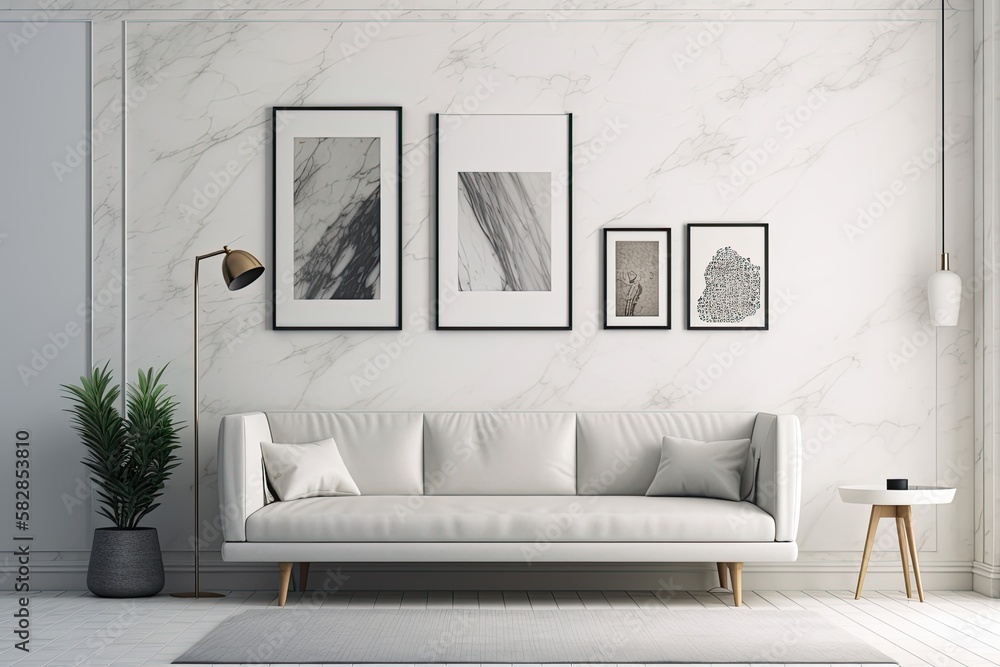 Template of a white wall with a natural stone accent and a blank photo frame. View of a contemporary