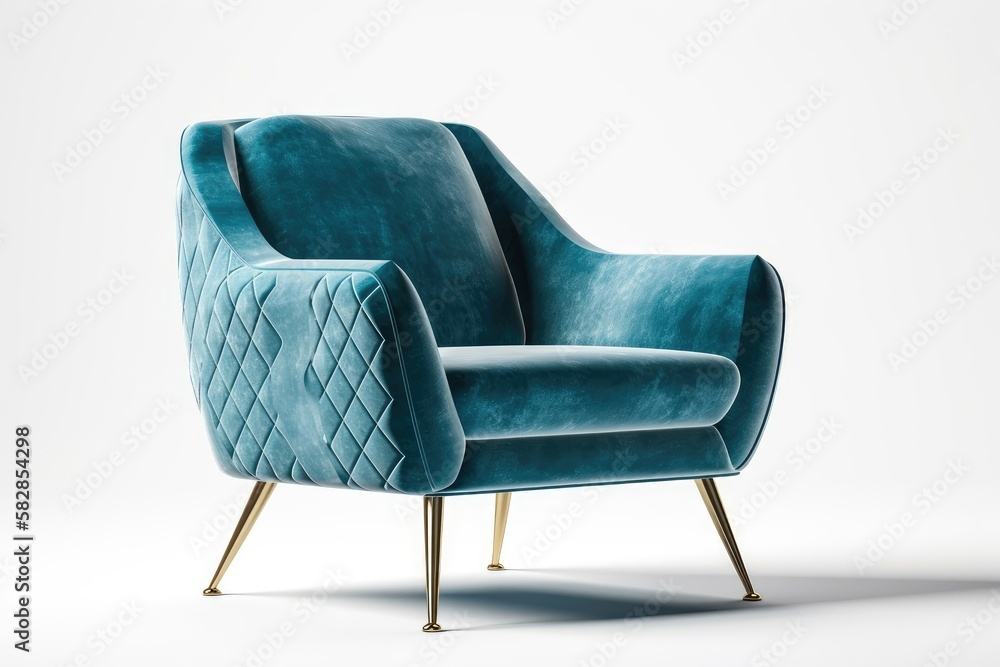 Isolated on a white background, a vintage armchair with brass legs and blue velvet upholstery. digit