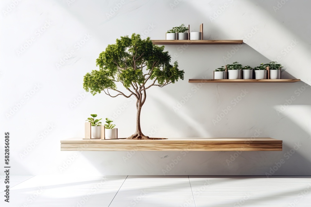 Shelves for display with a mock up of a little tree on a white wall outside. Generative AI