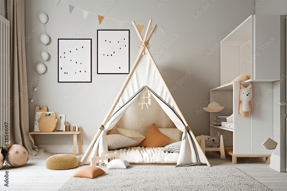 Childrens bedroom with plush toys, a play tent, and a fake frame. illustration. Generative AI