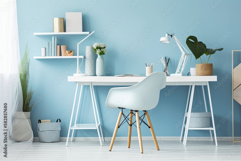 Office desk in a modern mockup on a background of a white table. Modern office with blue wall as bac