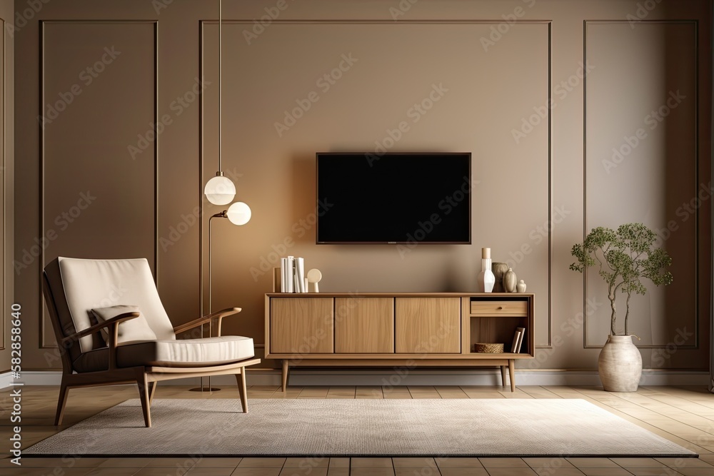 Decorative living room with brown wall background, television unit with poster style frame, chair ca