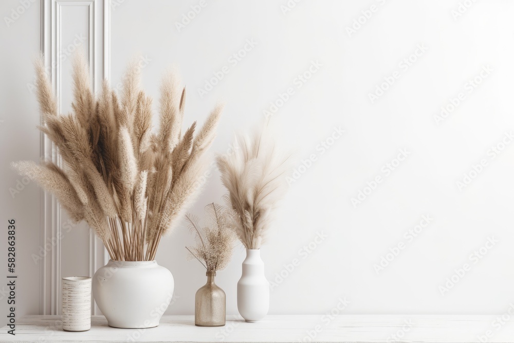 A mock up of a Scandinavian style backdrop with dried pampas grass on a white wooden table surface a