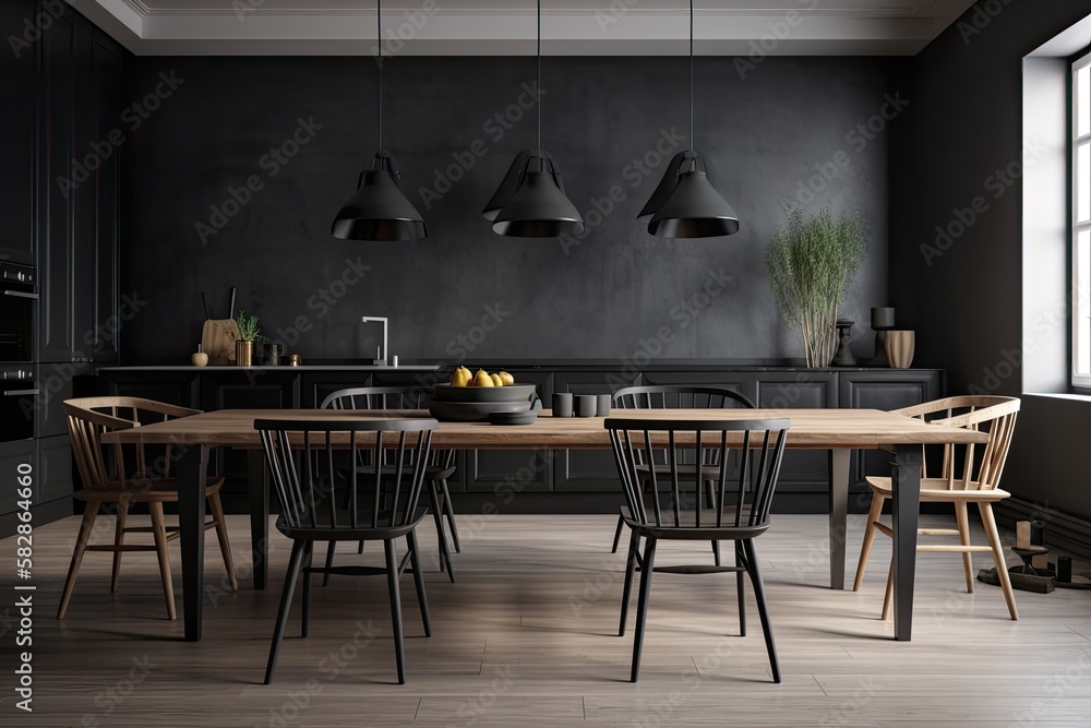 In a room that is completely black, there is a long black dining table with black and wooden chairs.