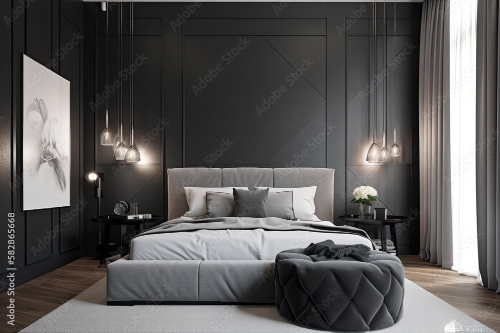 Grey and cream wall paneling, a black sofa, a grey carpet, a grey stool, and a hardwood floor embell