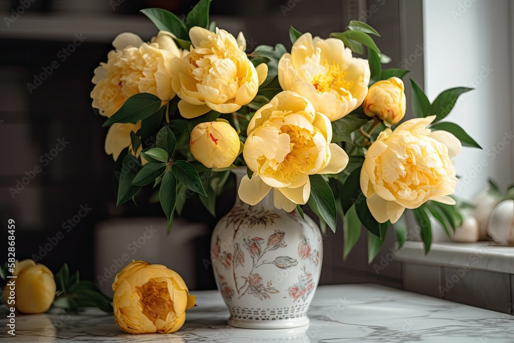 a bunch of peonies in a stylish vase made of yellow ceramic. in the interior of the kitchen. On the 