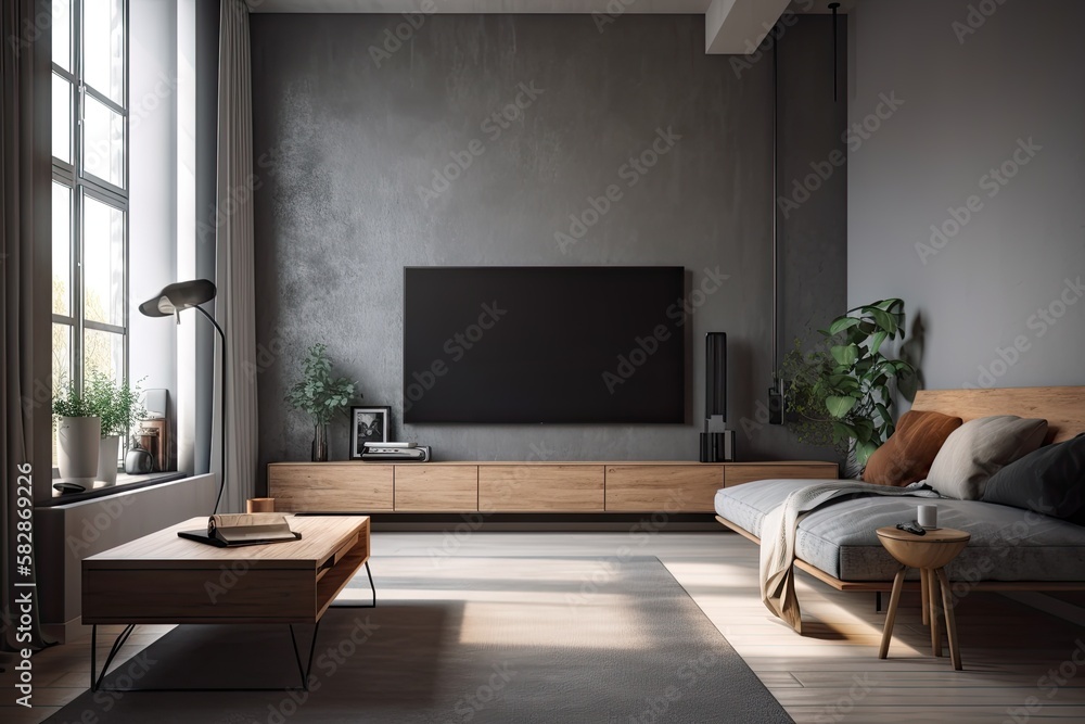 Interior of a living room made of gray and wood, with a TV mounted on the wall and a little sofa nex