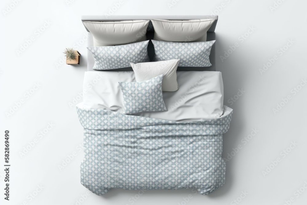 Mockup of a set of bedding items. upper view of the sheets. Isolated white bed. Grey and blue sheets