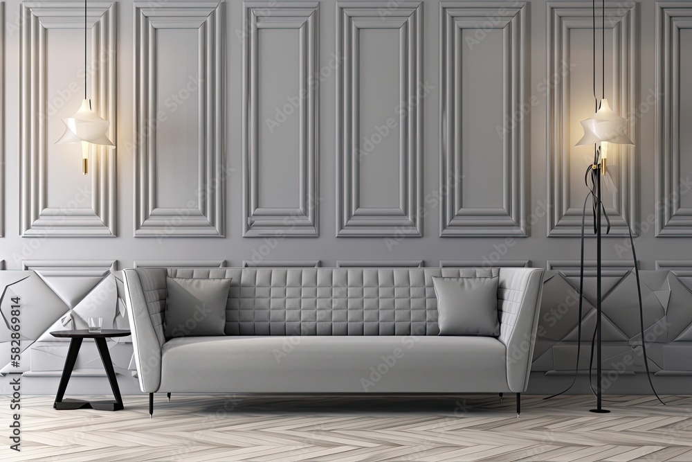 Grey sofa in a classic modern room with wall panels and a wooden floor. Generative AI