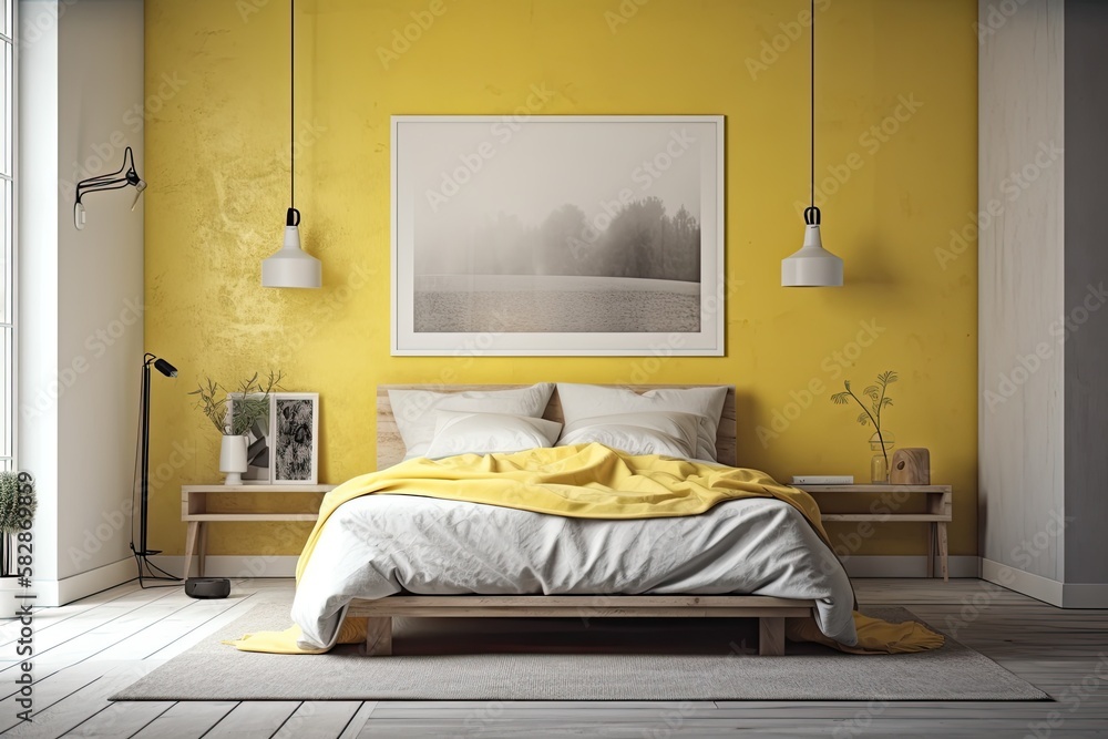 Interior front view of a bedroom with a yellow double bed occupying the rooms center and a white fl