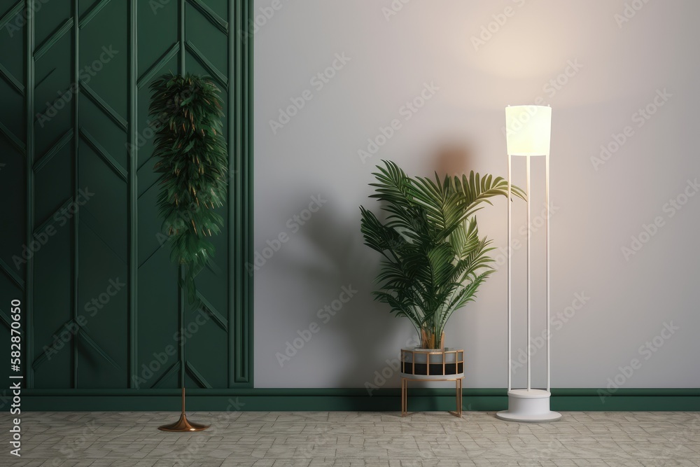 Image of a floor lamp and a plant with copy space. Generative AI