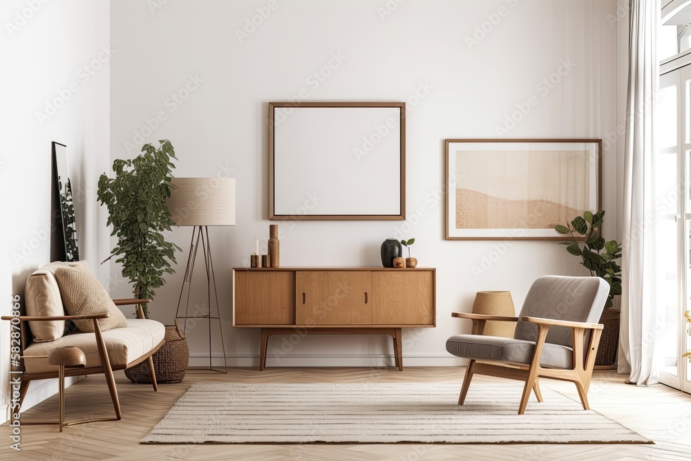 Interior of a living room with a mockup picture frame on the wall, vases, and lovely furniture. Gene