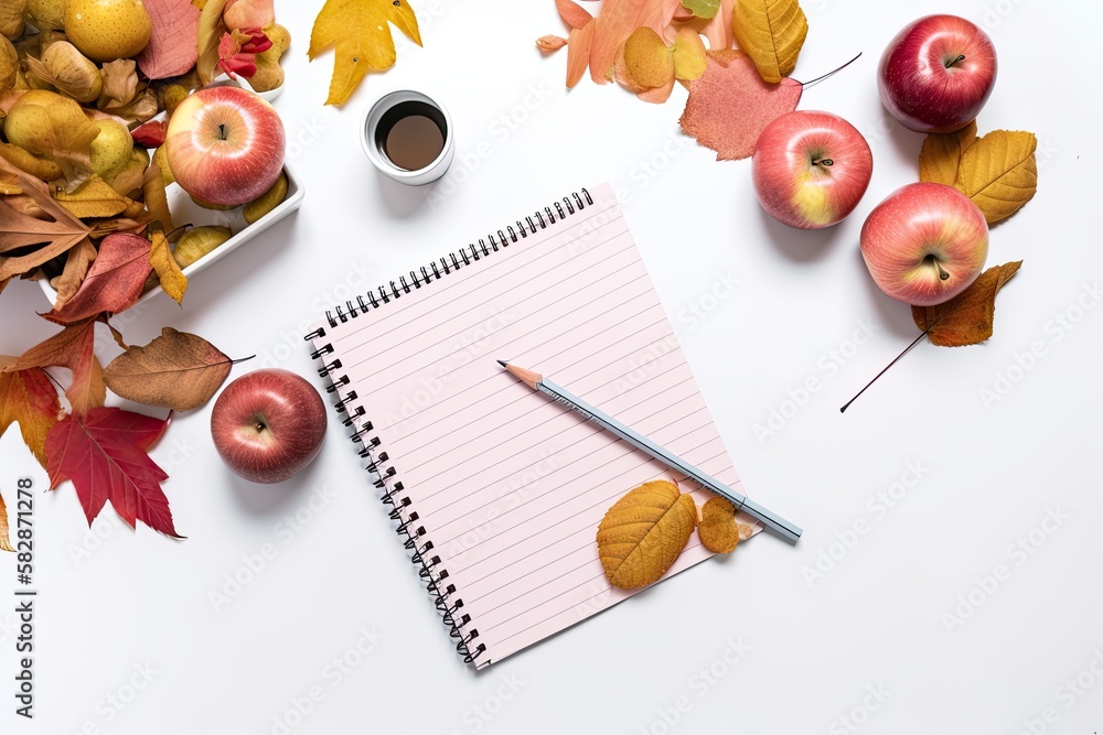 On a white background, a notepad has pencils, apples, and leaves from the fall. returning to school 