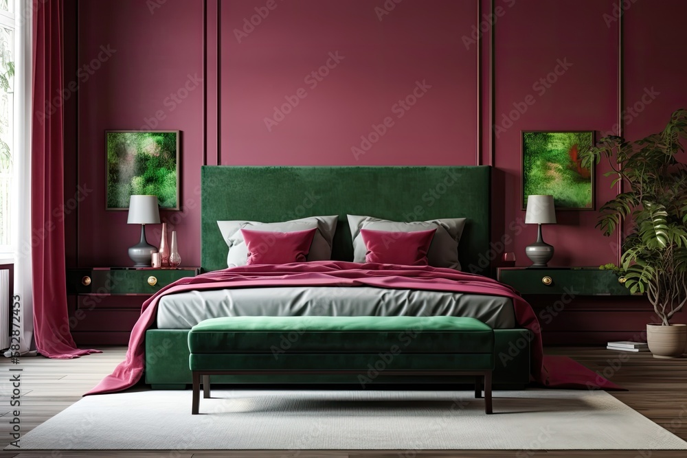 The popular bedroom color of 2023 is olive green and viva magenta. Crimson red burgundy colored bed 