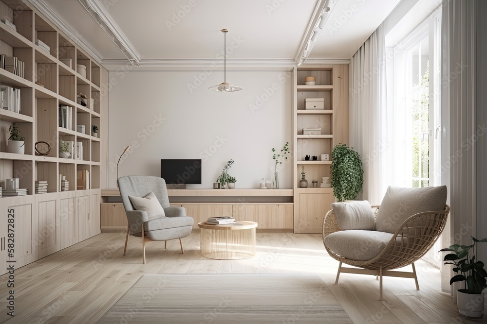 Interior of a light living room with a coffee table, bookcases, armchair, curtain, and wooden parque