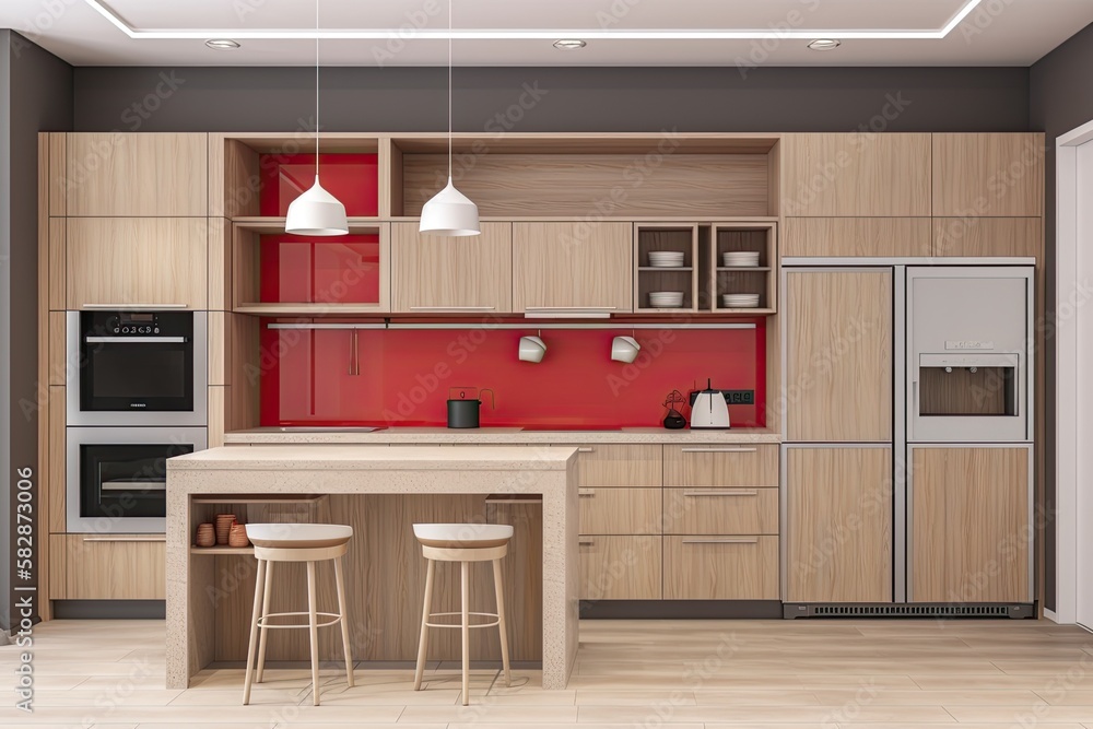 Interior of a contemporary kitchen area with red oak cabinets, a built in oven, and a sink. a mockup