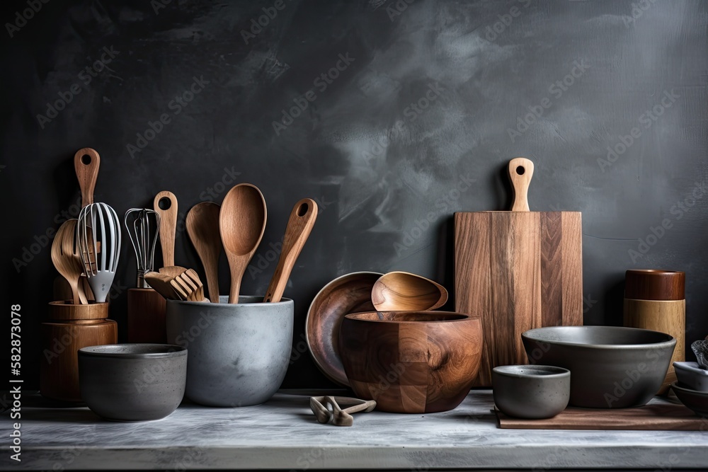 Kitchen tools on a wood vintage gray wall background, front view of a kitchen. Generative AI