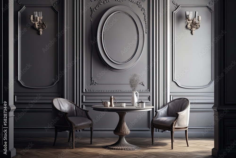 a gray, traditional interior with moldings, a round table, and a chair. diagramming mockup. Generati