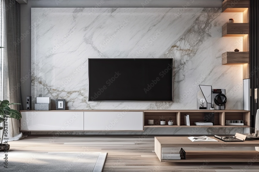 TV on cabinet with marble wall in contemporary living room. Generative AI